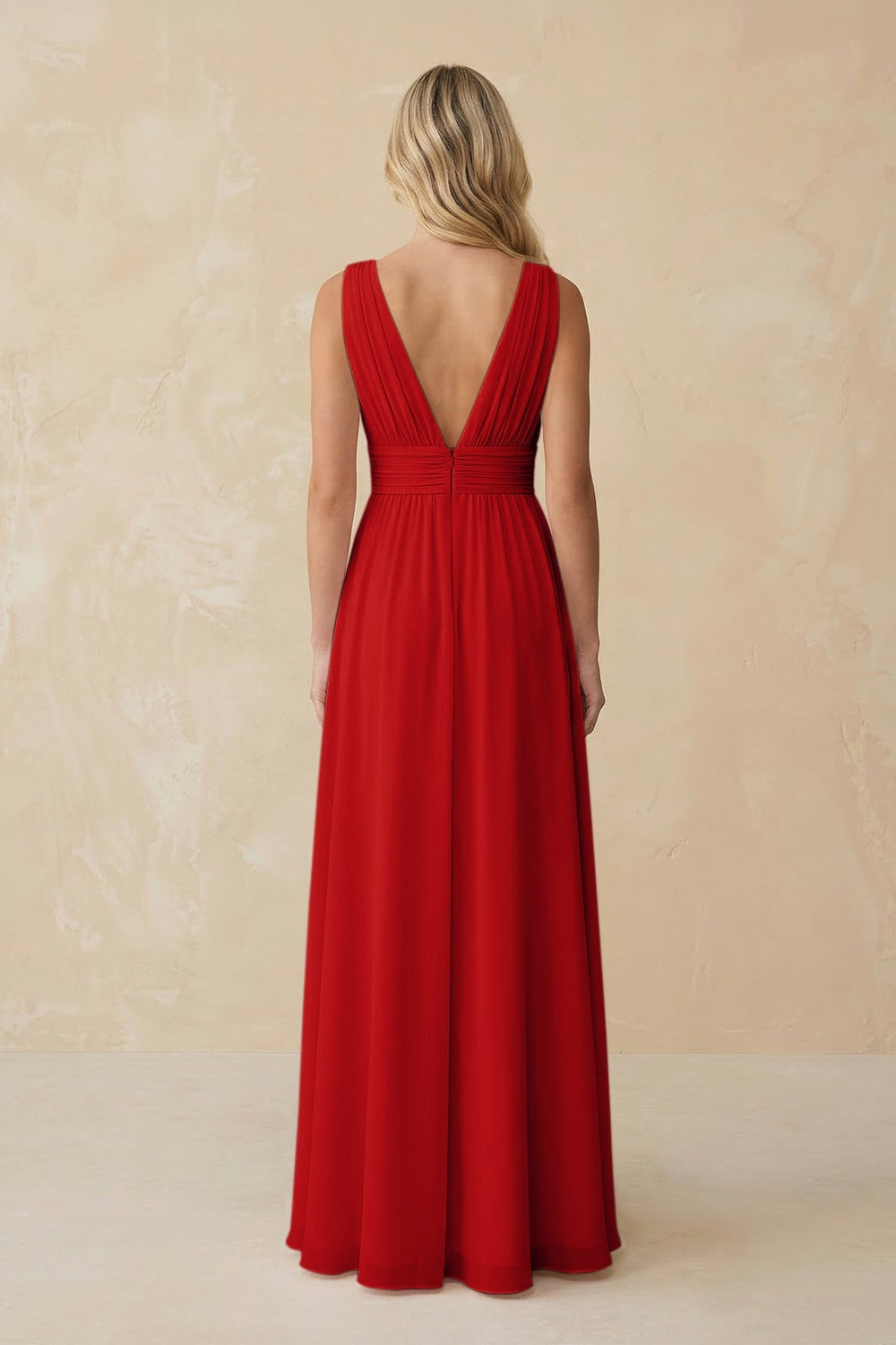 V - Neck A - Line Chiffon Ruched Bridesmaid Dress in Ruby Red - KISS BRIDAL Bridesmaid Dresses