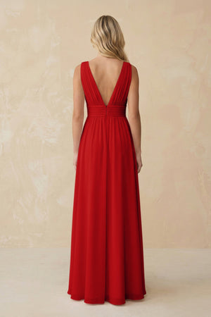 V - Neck A - Line Chiffon Ruched Bridesmaid Dress in Ruby Red - SHE IS ME Bridesmaid Dresses