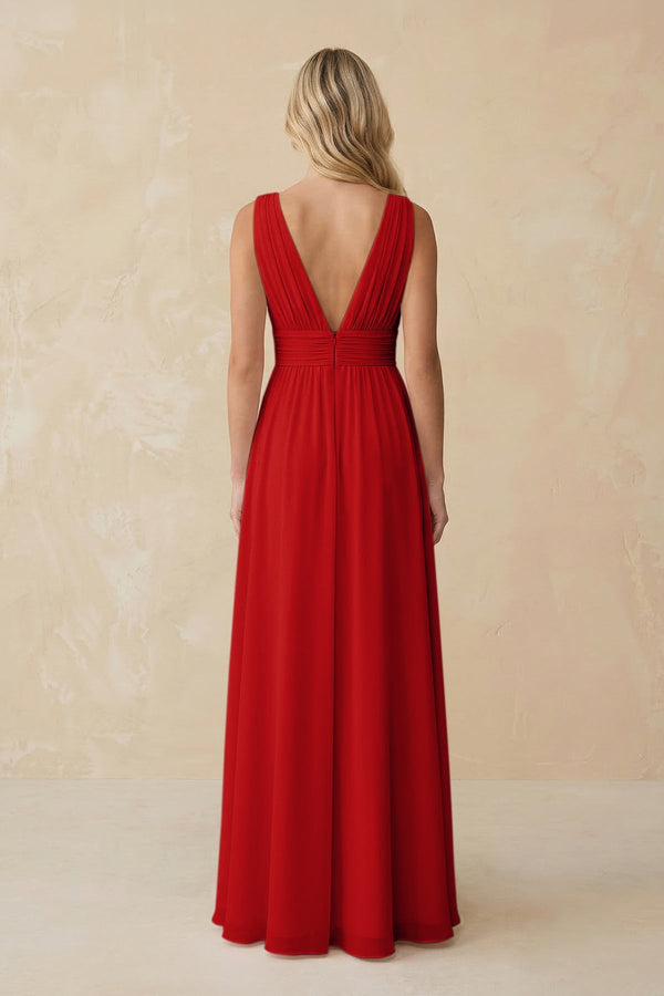 V - Neck A - Line Chiffon Ruched Bridesmaid Dress in Ruby Red - SHE IS ME Bridesmaid Dresses
