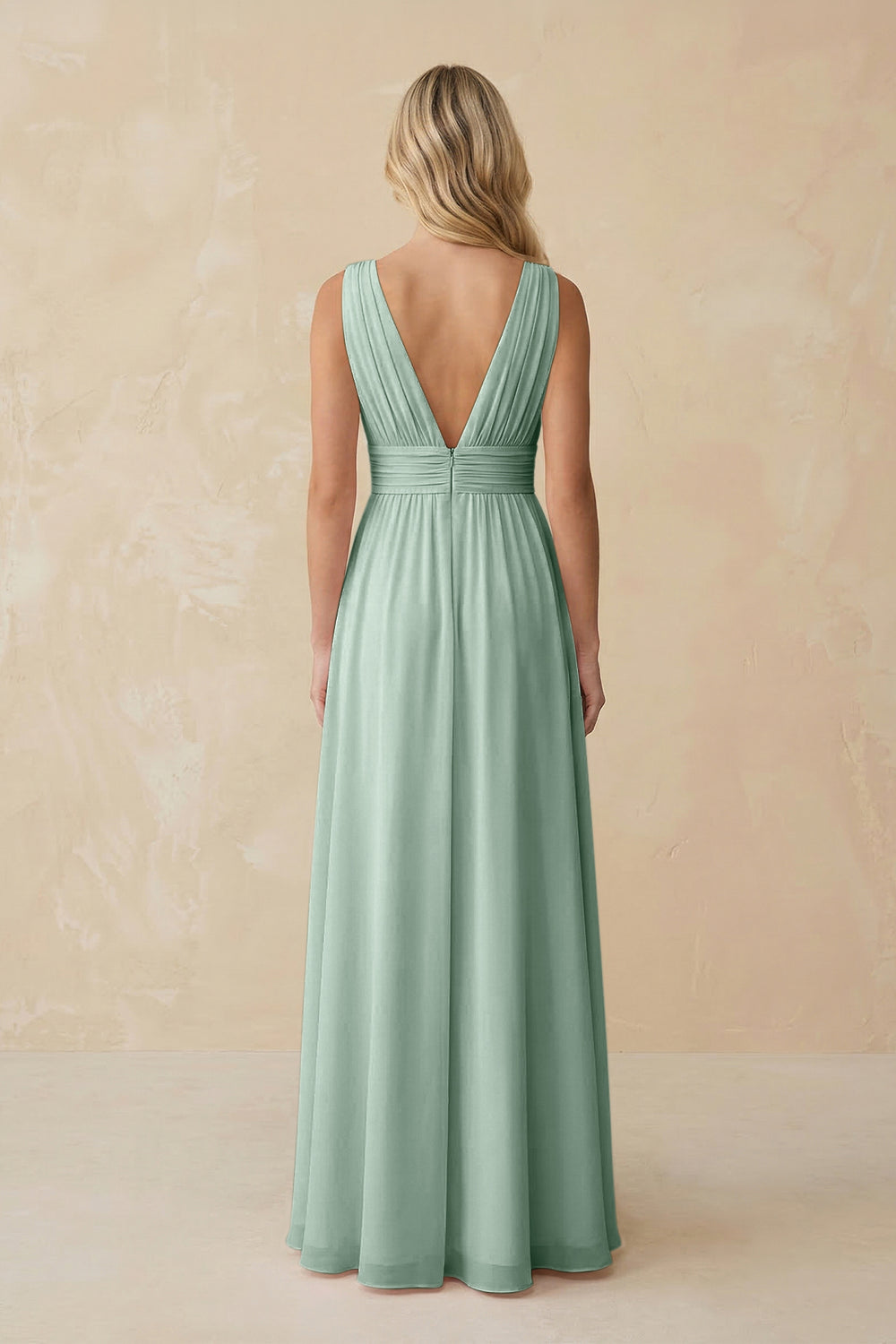V-Neck A-Line Chiffon Ruched Bridesmaid Dress in Sage