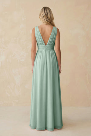 V-Neck A-Line Chiffon Ruched Bridesmaid Dress in Sage (2) | KISSBRIDAL