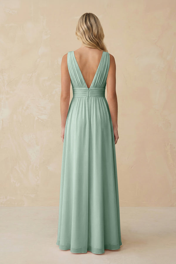 V-Neck A-Line Chiffon Ruched Bridesmaid Dress in Sage (2) | KISSBRIDAL