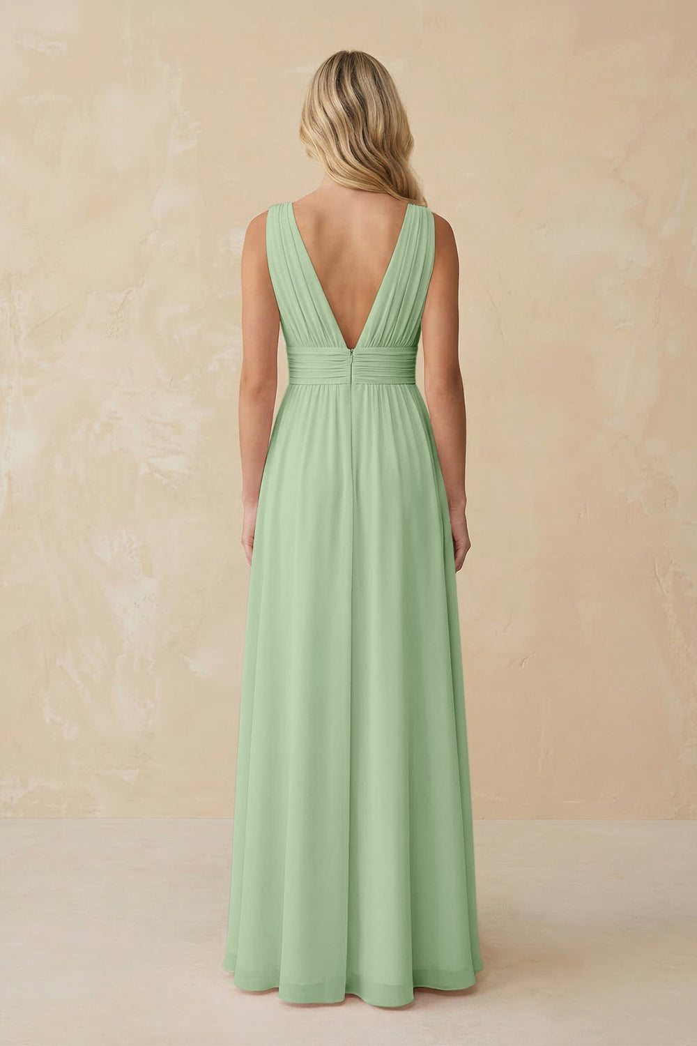 V - Neck A - Line Chiffon Ruched Bridesmaid Dress in Sage - KISS BRIDAL Bridesmaid Dresses