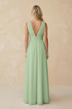 V - Neck A - Line Chiffon Ruched Bridesmaid Dress in Sage - SHE IS ME Bridesmaid Dresses