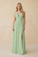 V - Neck A - Line Chiffon Ruched Bridesmaid Dress in Sage - SHE IS ME Bridesmaid Dresses