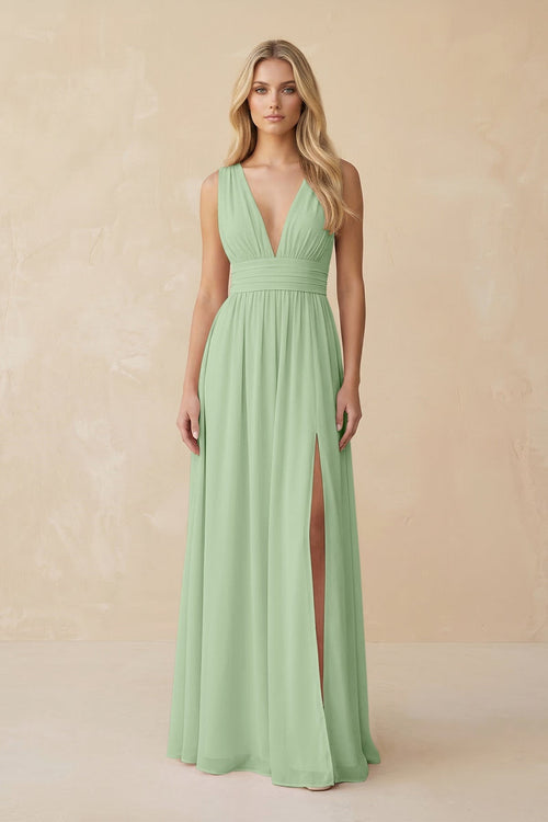 V - Neck A - Line Chiffon Ruched Bridesmaid Dress in Sage - SHE IS ME Bridesmaid Dresses