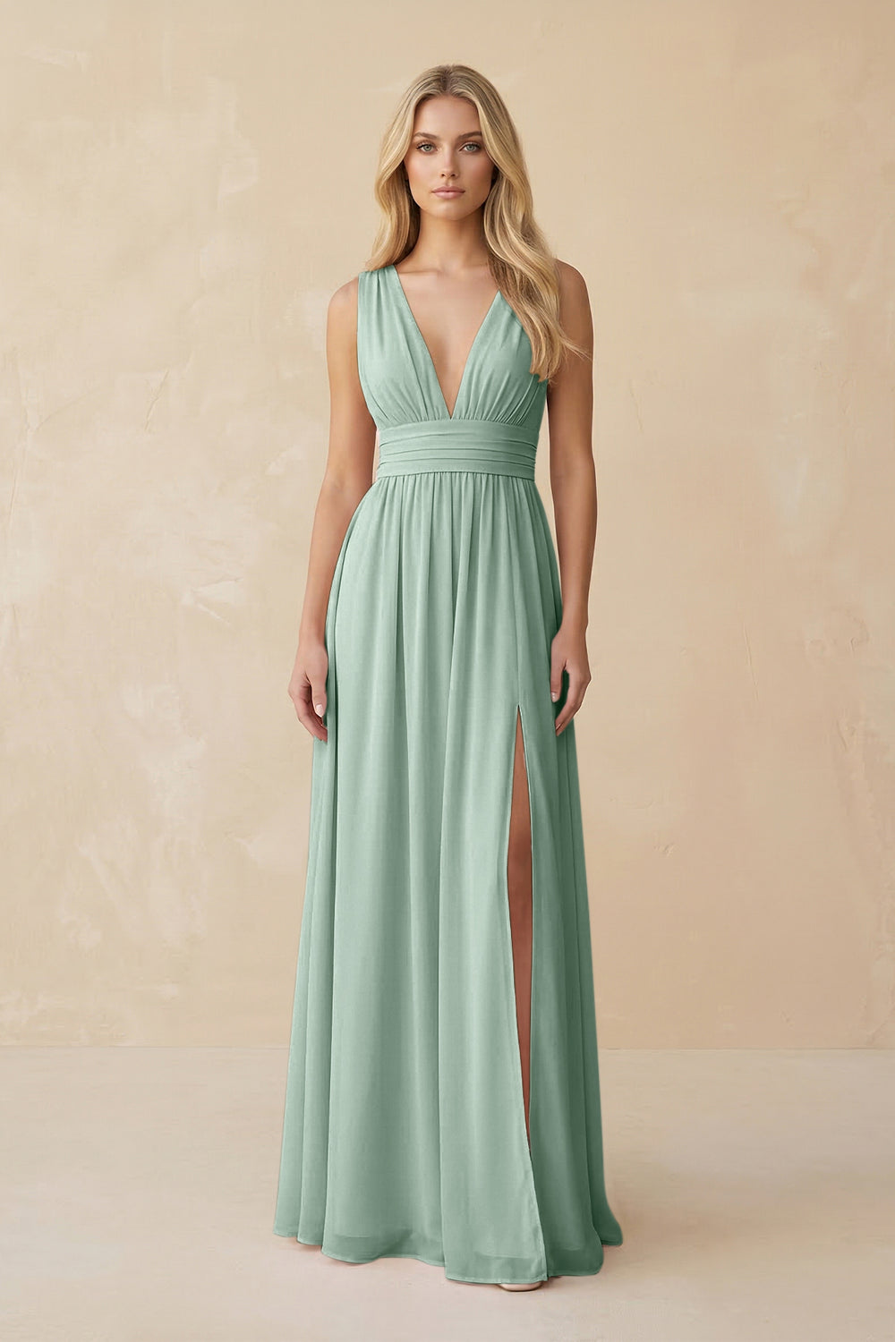 V-Neck A-Line Chiffon Ruched Bridesmaid Dress in Sage
