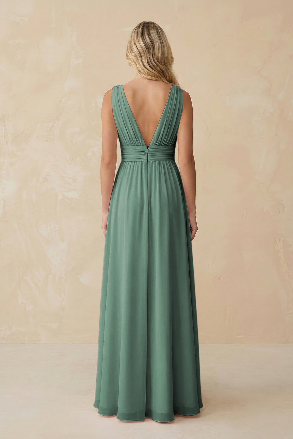 V-Neck A-Line Chiffon Ruched Bridesmaid Dress in Sea Glass