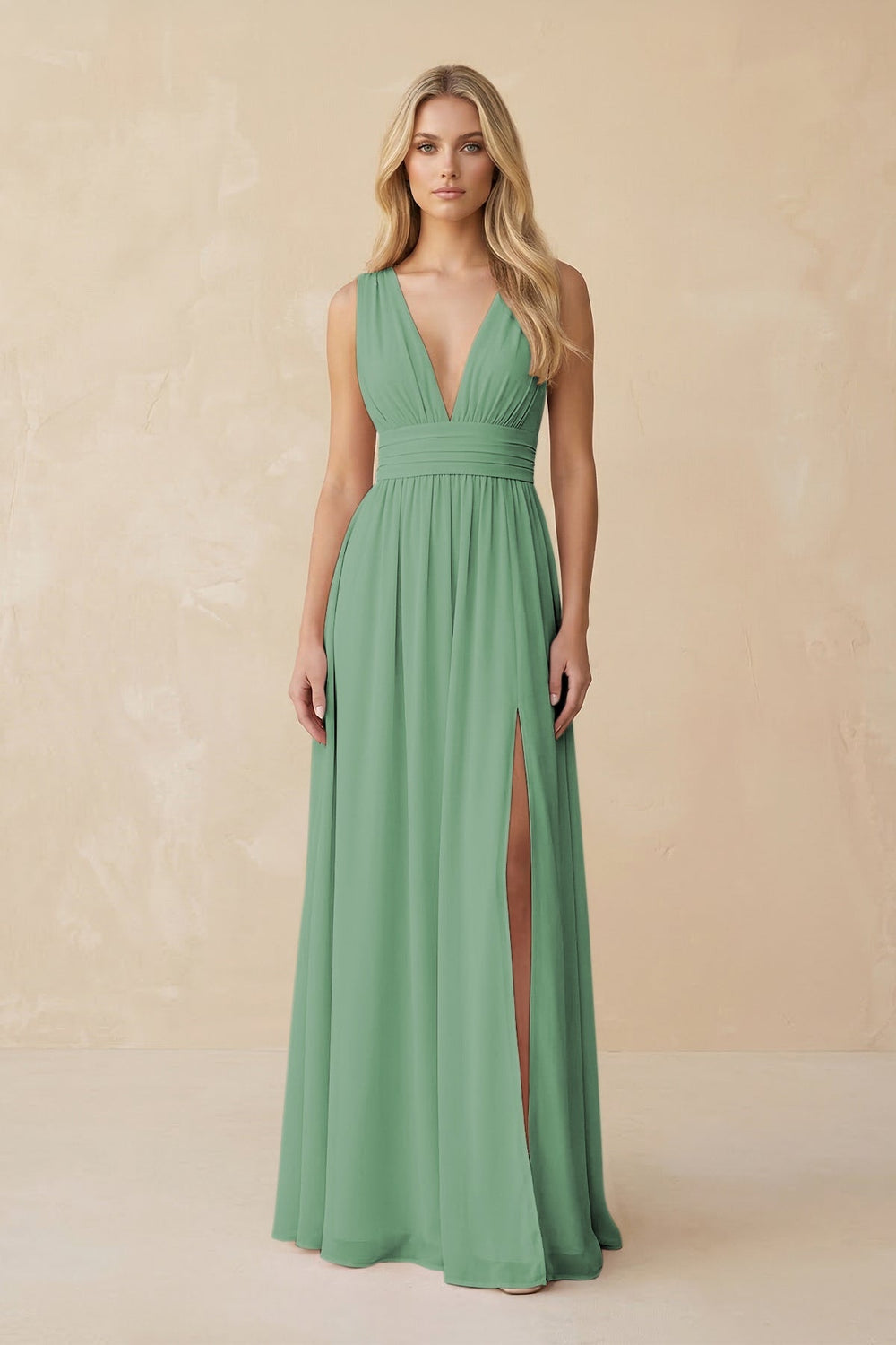 V - Neck A - Line Chiffon Ruched Bridesmaid Dress in Sea Glass - KISS BRIDAL Bridesmaid Dresses