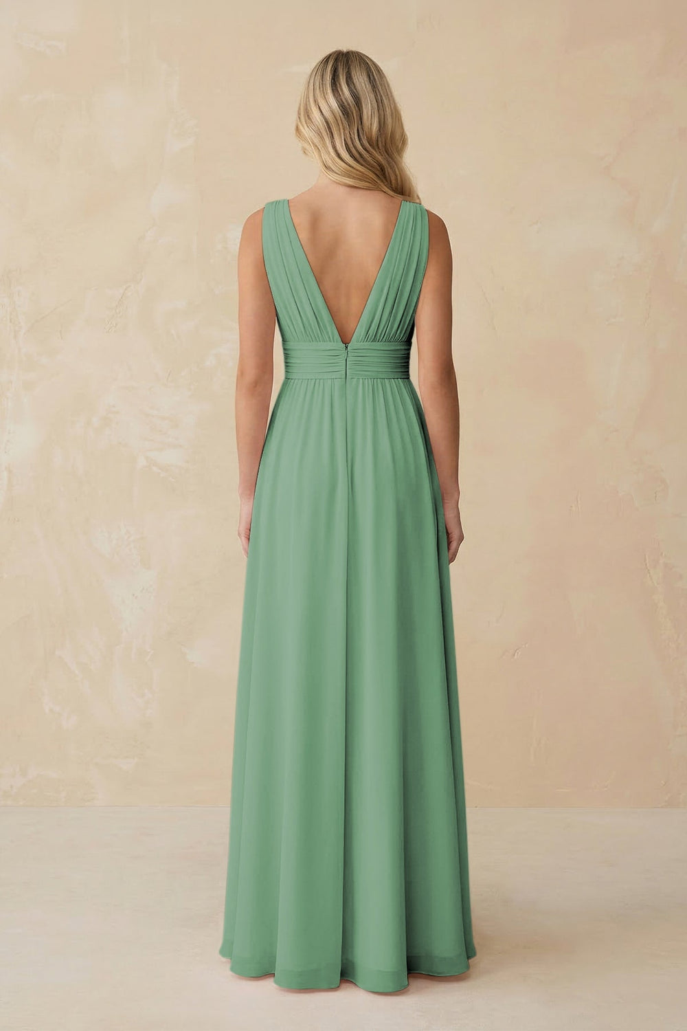 V - Neck A - Line Chiffon Ruched Bridesmaid Dress in Sea Glass - KISS BRIDAL Bridesmaid Dresses
