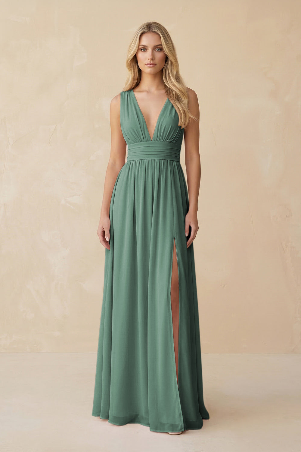 V-Neck A-Line Chiffon Ruched Bridesmaid Dress in Sea Glass