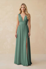 V-Neck A-Line Chiffon Ruched Bridesmaid Dress in Sea Glass | KISSBRIDAL