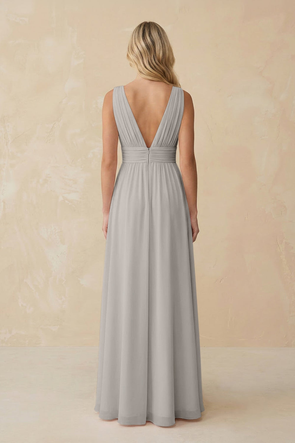 V - Neck A - Line Chiffon Ruched Bridesmaid Dress in Silver - KISS BRIDAL Bridesmaid Dresses