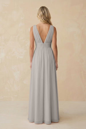 V - Neck A - Line Chiffon Ruched Bridesmaid Dress in Silver - SHE IS ME Bridesmaid Dresses
