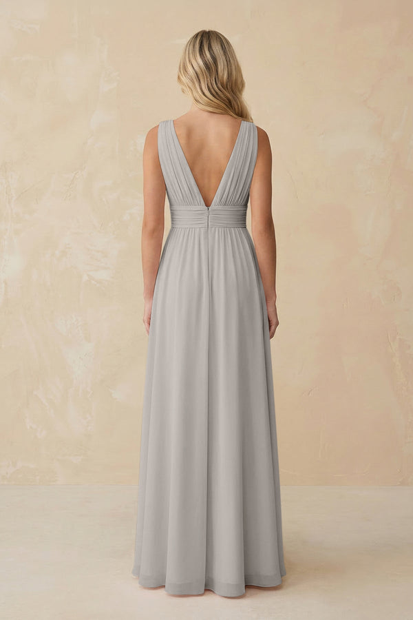 V - Neck A - Line Chiffon Ruched Bridesmaid Dress in Silver - SHE IS ME Bridesmaid Dresses