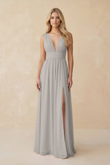 V - Neck A - Line Chiffon Ruched Bridesmaid Dress in Silver - KISS BRIDAL Bridesmaid Dresses