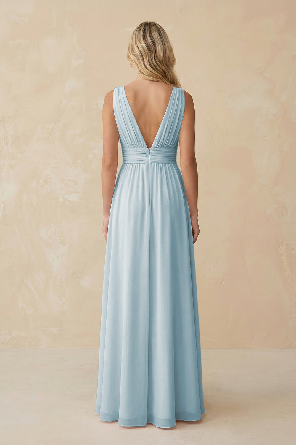 V-Neck A-Line Chiffon Ruched Bridesmaid Dress in Sky Blue