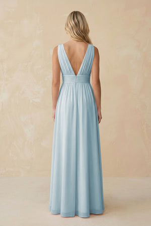 V-Neck A-Line Chiffon Ruched Bridesmaid Dress in Sky Blue (2) | KISSBRIDAL