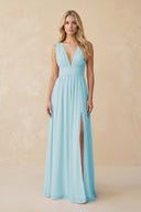 V - Neck A - Line Chiffon Ruched Bridesmaid Dress in Sky Blue - SHE IS ME Bridesmaid Dresses