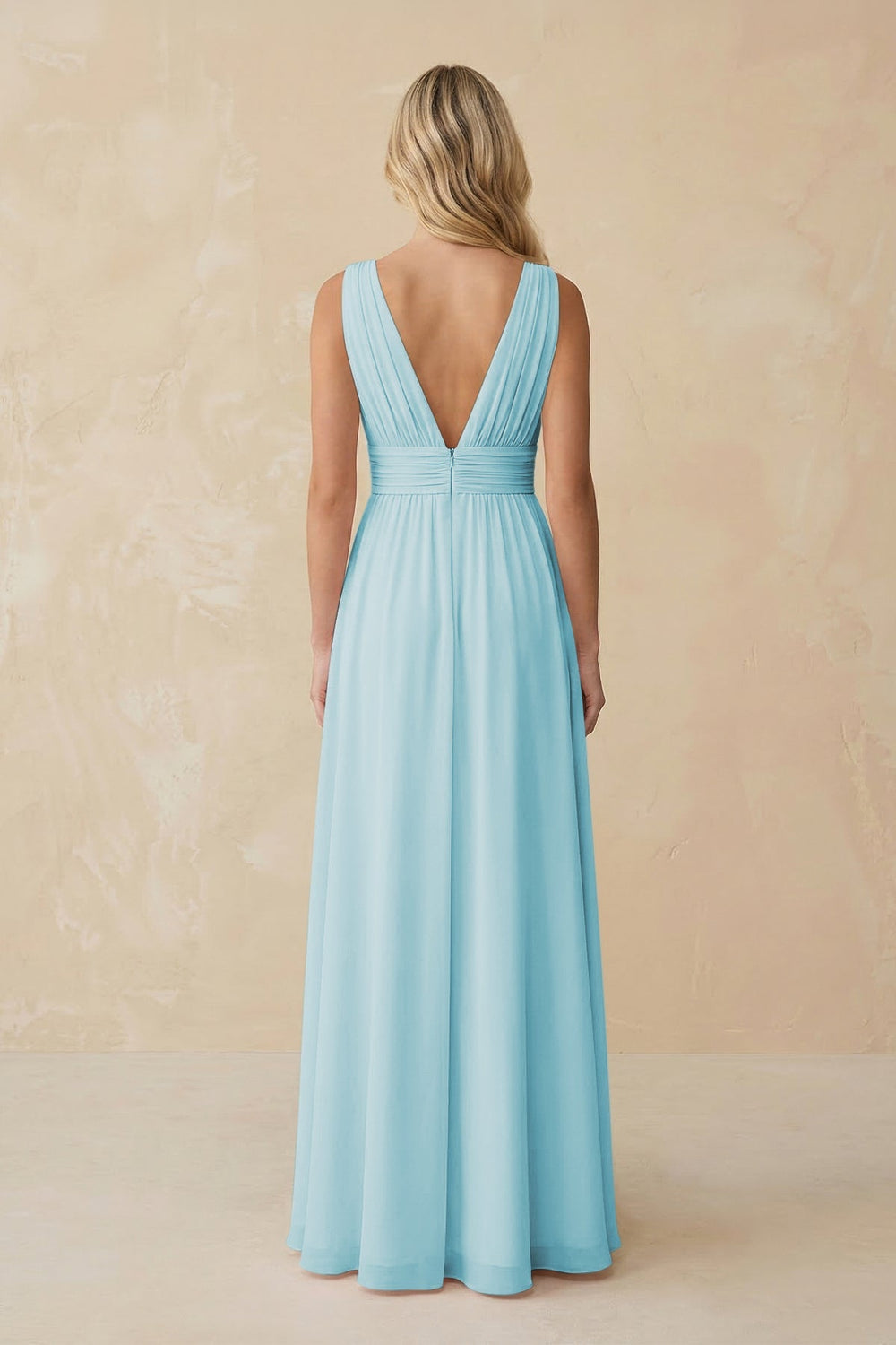 V - Neck A - Line Chiffon Ruched Bridesmaid Dress in Sky Blue - KISS BRIDAL Bridesmaid Dresses