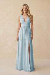 V-Neck A-Line Chiffon Ruched Bridesmaid Dress in Sky Blue | KISSBRIDAL