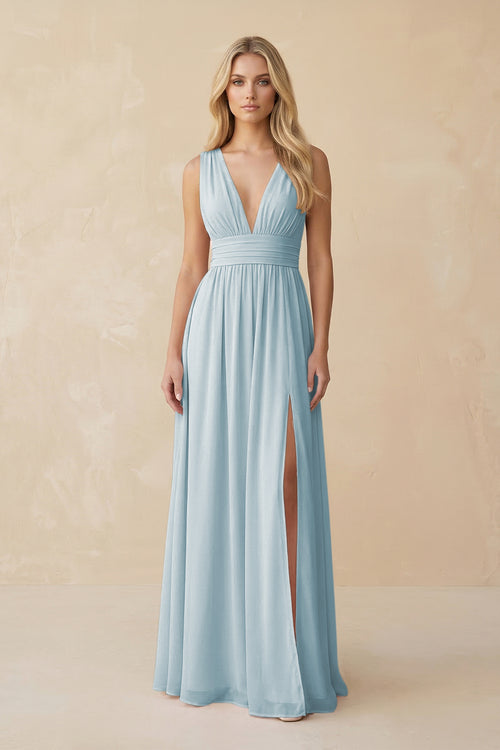 V-Neck A-Line Chiffon Ruched Bridesmaid Dress in Sky Blue | KISSBRIDAL