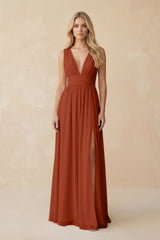 V - Neck A - Line Chiffon Ruched Bridesmaid Dress in Spice - KISS BRIDAL Bridesmaid Dresses