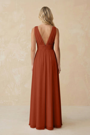 V - Neck A - Line Chiffon Ruched Bridesmaid Dress in Spice - SHE IS ME Bridesmaid Dresses