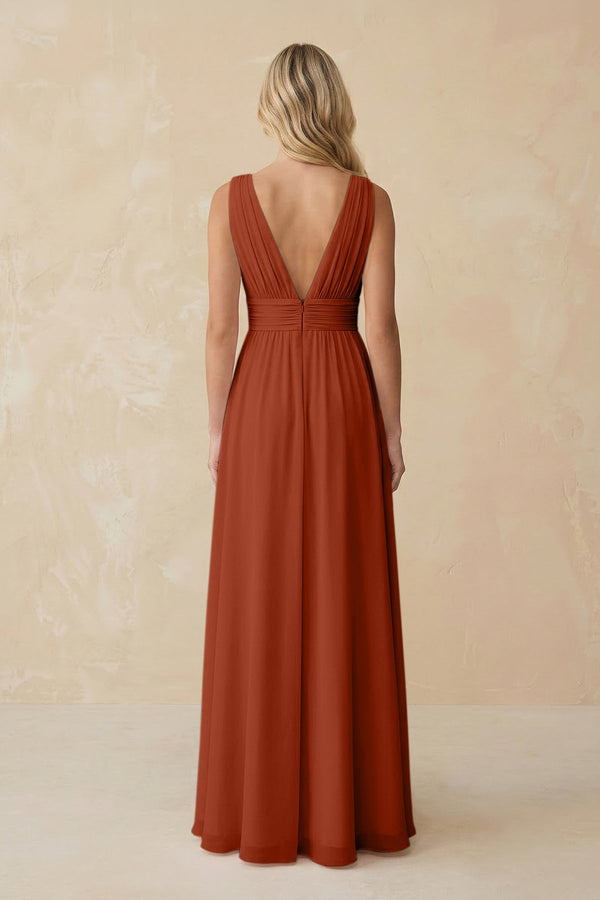 V - Neck A - Line Chiffon Ruched Bridesmaid Dress in Spice - SHE IS ME Bridesmaid Dresses