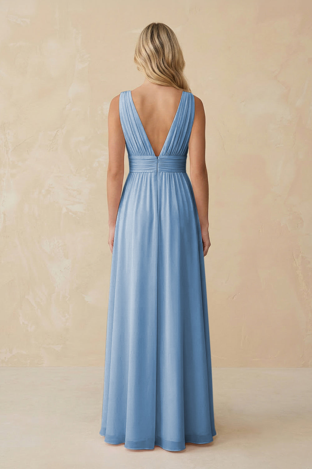 V-Neck A-Line Chiffon Ruched Bridesmaid Dress in Steel Blue