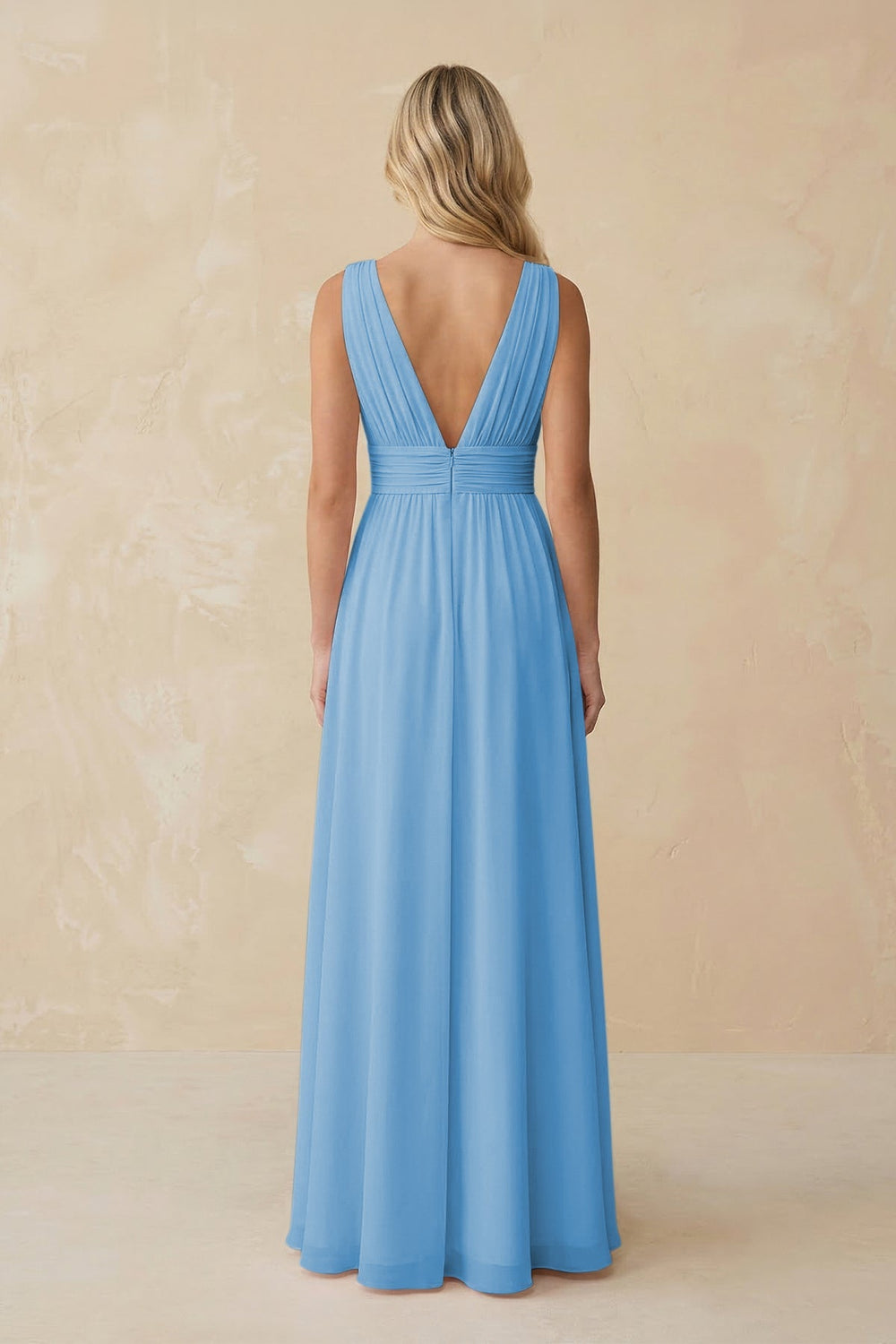 V - Neck A - Line Chiffon Ruched Bridesmaid Dress in Steel Blue - KISS BRIDAL Bridesmaid Dresses