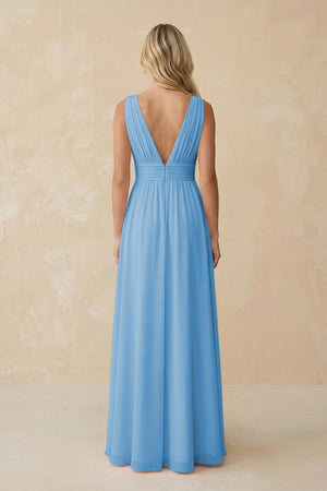 V - Neck A - Line Chiffon Ruched Bridesmaid Dress in Steel Blue - SHE IS ME Bridesmaid Dresses