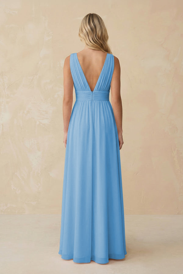 V - Neck A - Line Chiffon Ruched Bridesmaid Dress in Steel Blue - SHE IS ME Bridesmaid Dresses
