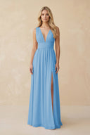 V - Neck A - Line Chiffon Ruched Bridesmaid Dress in Steel Blue - SHE IS ME Bridesmaid Dresses