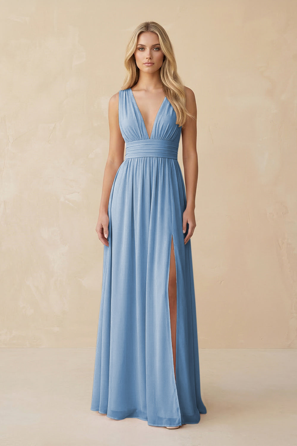 V-Neck A-Line Chiffon Ruched Bridesmaid Dress in Steel Blue