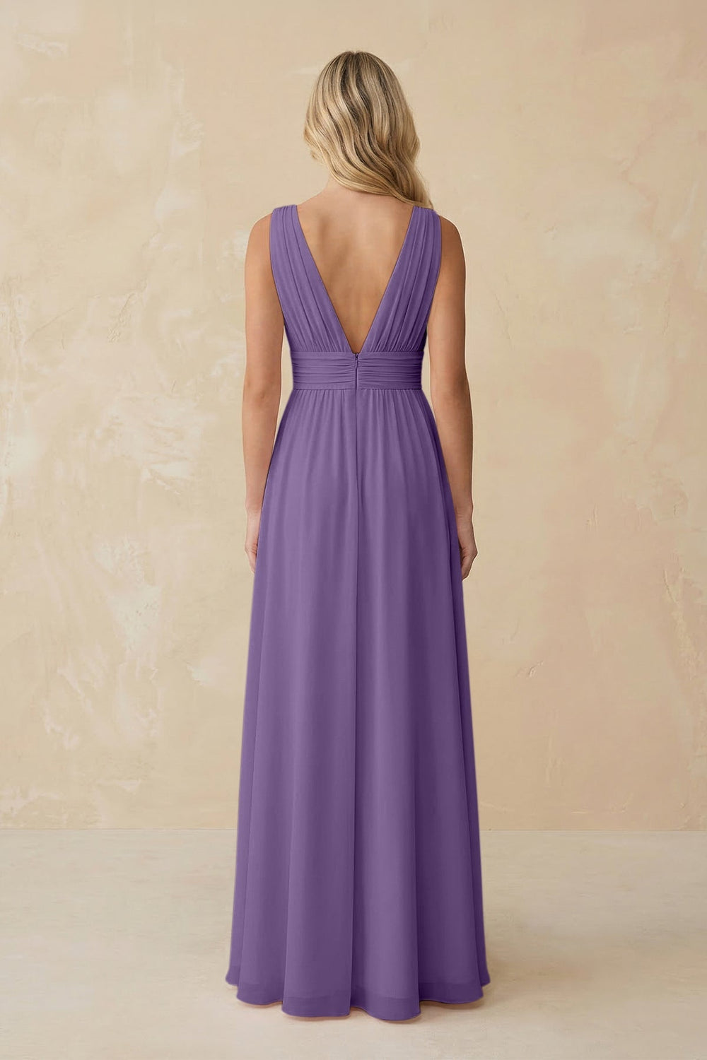 V - Neck A - Line Chiffon Ruched Bridesmaid Dress in Tahiti - KISS BRIDAL Bridesmaid Dresses