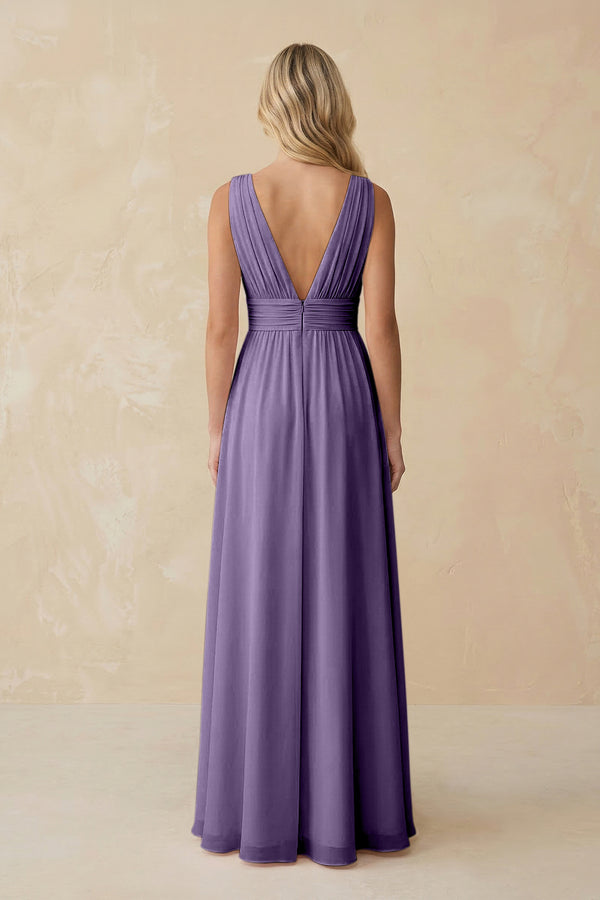 V-Neck A-Line Chiffon Ruched Bridesmaid Dress in Tahiti (2) | KISSBRIDAL