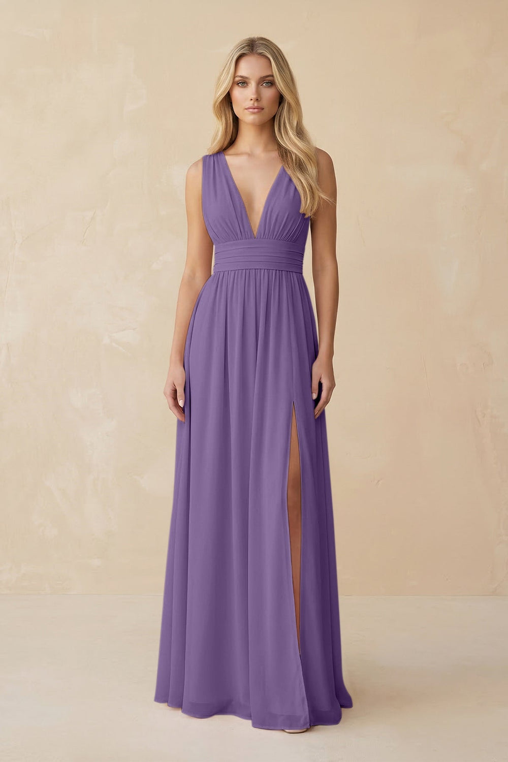 V - Neck A - Line Chiffon Ruched Bridesmaid Dress in Tahiti - KISS BRIDAL Bridesmaid Dresses