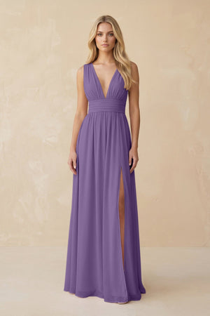 V - Neck A - Line Chiffon Ruched Bridesmaid Dress in Tahiti - SHE IS ME Bridesmaid Dresses