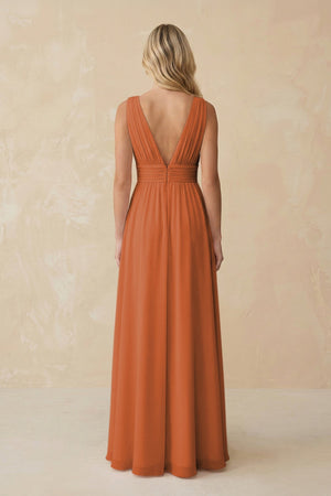 V - Neck A - Line Chiffon Ruched Bridesmaid Dress in Terracotta - SHE IS ME Bridesmaid Dresses