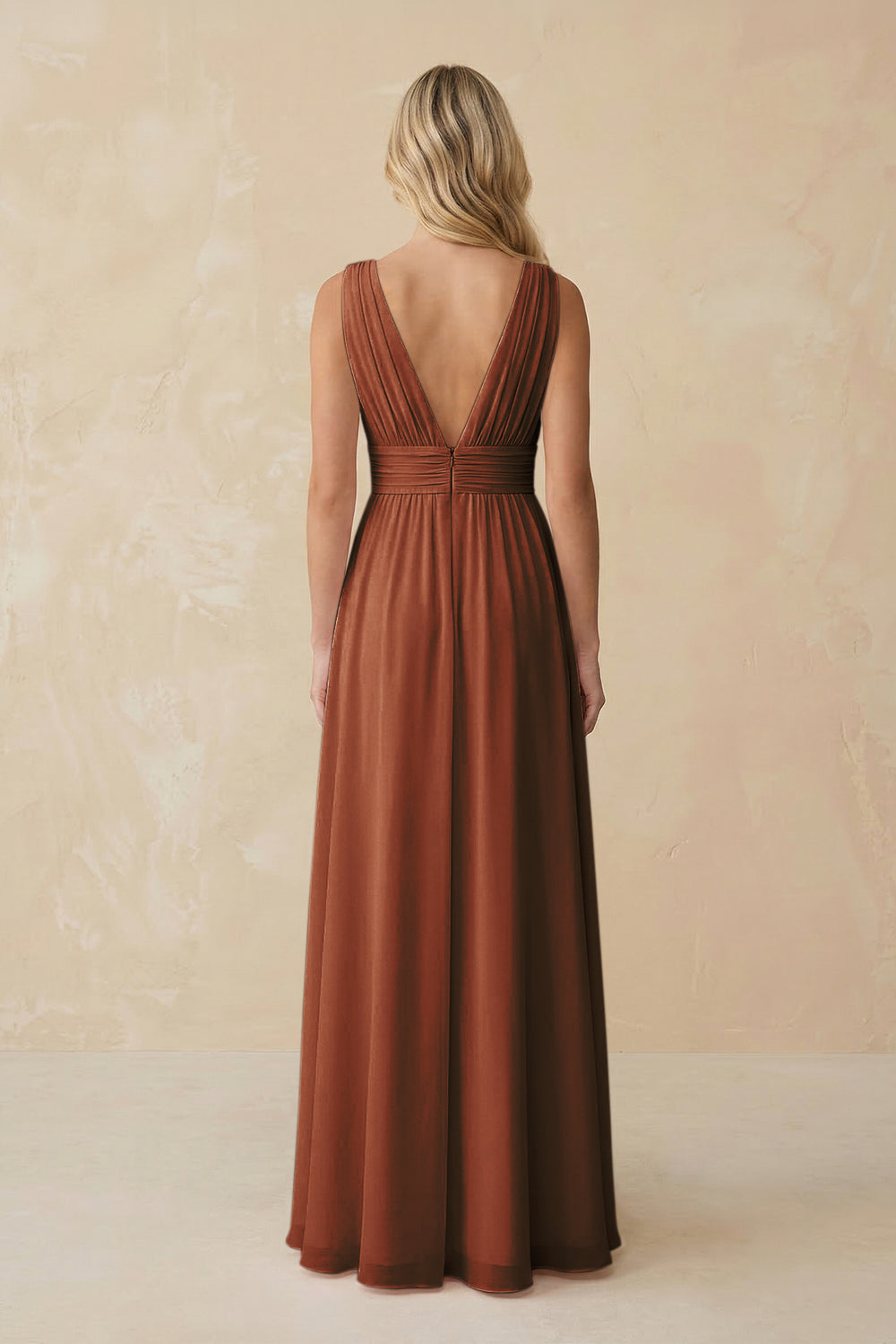 V-Neck A-Line Chiffon Ruched Bridesmaid Dress in Terracotta