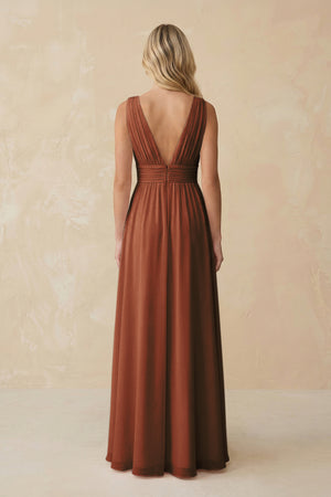V-Neck A-Line Chiffon Ruched Bridesmaid Dress in Terracotta (2) | KISSBRIDAL