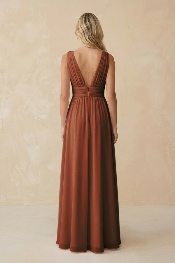 V-Neck A-Line Chiffon Ruched Bridesmaid Dress in Terracotta (2) | KISSBRIDAL