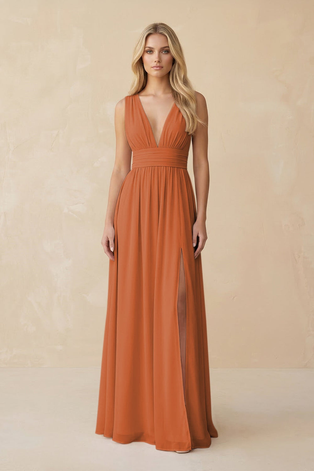 V - Neck A - Line Chiffon Ruched Bridesmaid Dress in Terracotta - KISS BRIDAL Bridesmaid Dresses