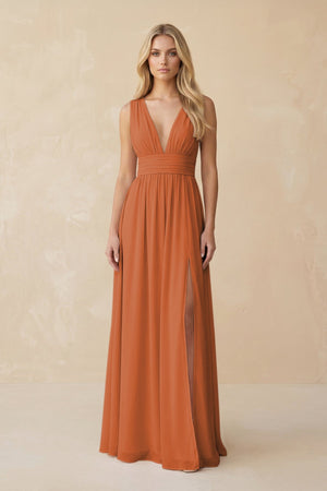 V - Neck A - Line Chiffon Ruched Bridesmaid Dress in Terracotta - SHE IS ME Bridesmaid Dresses