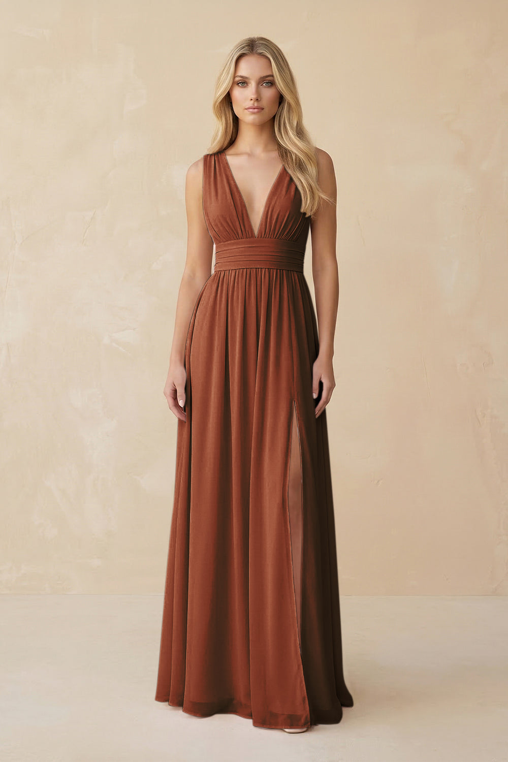 V-Neck A-Line Chiffon Ruched Bridesmaid Dress in Terracotta