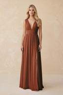 V-Neck A-Line Chiffon Ruched Bridesmaid Dress in Terracotta | KISSBRIDAL