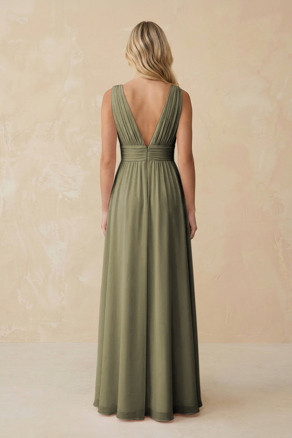 V-Neck A-Line Chiffon Ruched Bridesmaid Dress in Thyme