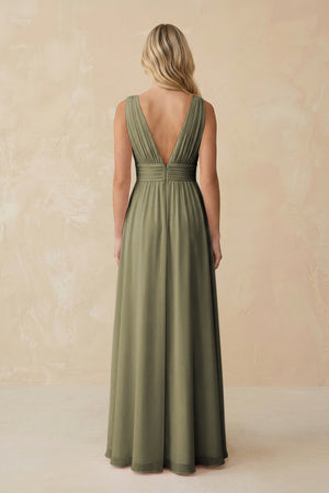 V-Neck A-Line Chiffon Ruched Bridesmaid Dress in Thyme (2) | KISSBRIDAL