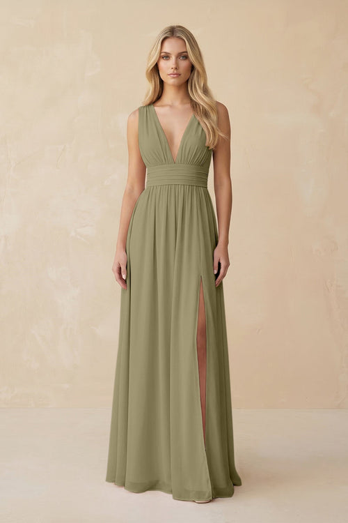 V - Neck A - Line Chiffon Ruched Bridesmaid Dress in Thyme - SHE IS ME Bridesmaid Dresses